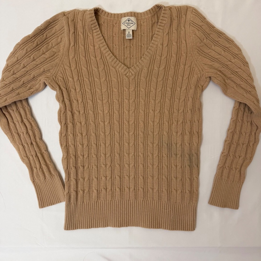 St Johns Bay Womens Medium Tan Camel Cable Knit V-Neck Cotton Blend Sweater